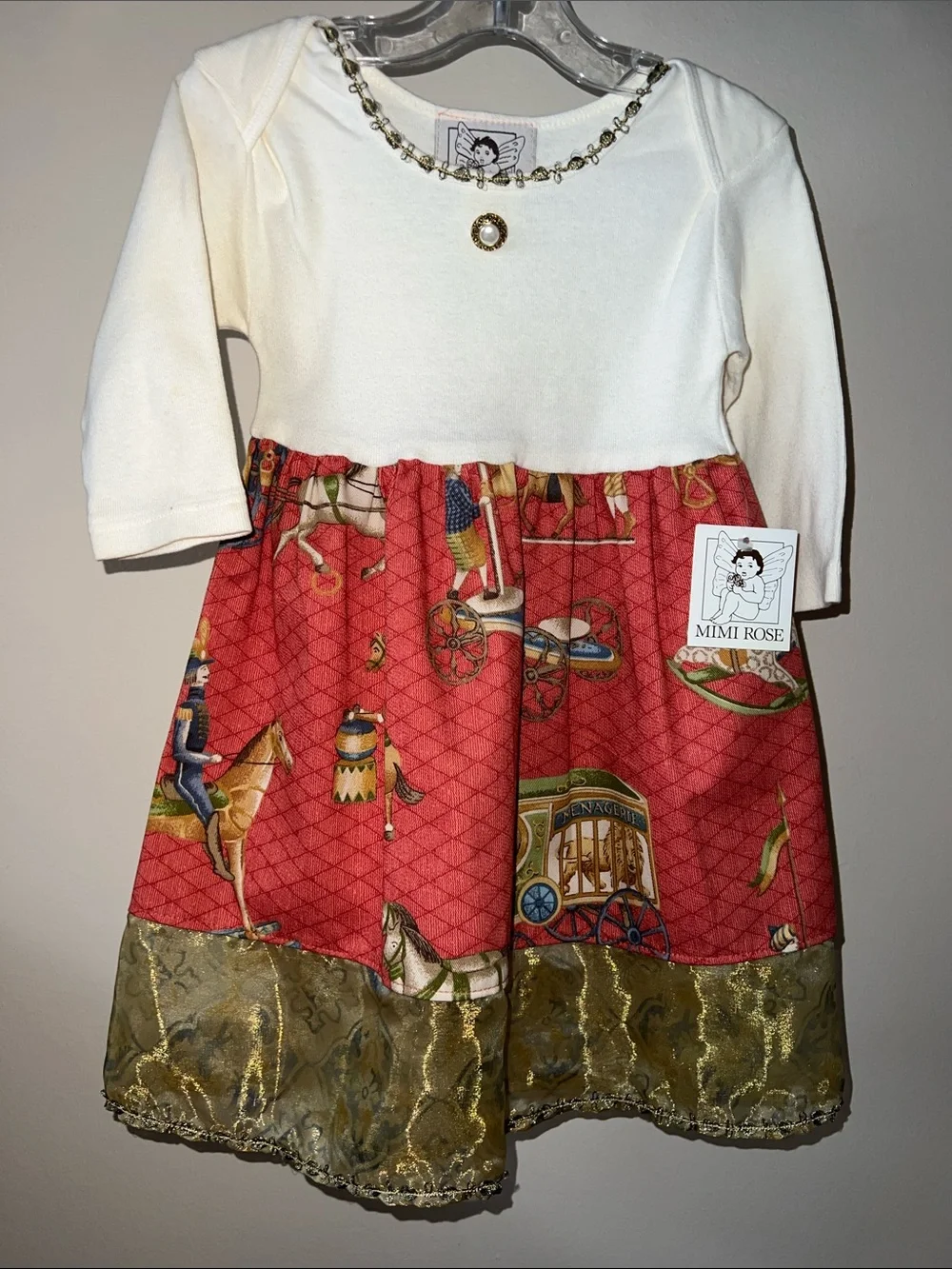 Vintage White & Red Carousel-Print Girls Dress with Gold Trim